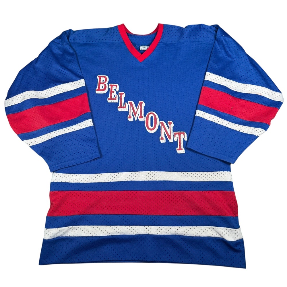 Vintage Belmont Hockey Jersey Blue Red White 77 Athletic Sewing Mens M (READ!)